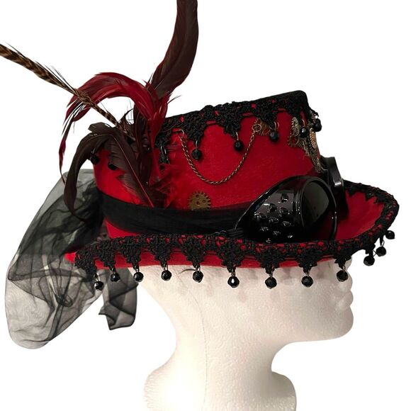 Deluxe Velvet 4.25"H Steampunk Full Size Top Hat Removable Goggles & Feathers - Picture 2 of 8